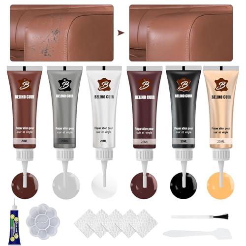 Editbar Set di riparazione della pelle, 6 colori, crema, nero, marrone, bianco, beige, grigio, set di riparazione in pelle, per sedili auto, divano e mobili, liquido