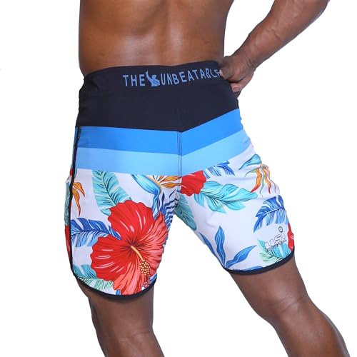Image of USI Universal 411PA Aloha Physique Board Shorts, Polyester Fitness Shorts, Hook & Loop Fly, Drawstring Closure, Tailored Fit for Thin Waist & Muscular Thighs (in, Alpha, L, White /Red /Blue)