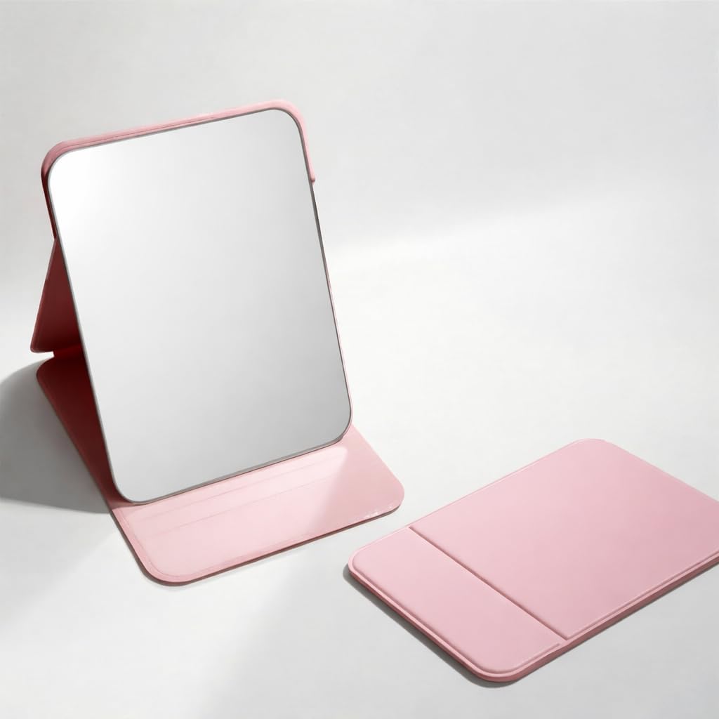 Kolorful Portable Foldable Makeup Mirror with Adjustable Stand, Frameless HD Glass Vanity Mirror, PU Leather Compact Tabletop Desk Mirror for Travel, Office,Home, Bathroom & Bedroom Use (Pink)-image-30