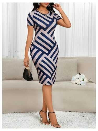Milumia Women's Geo Print Short Sleeve Bodycon Midi Dress Round Neck Pencil Dresses3
