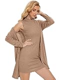 FANCYINN Women's Two Piece Outfits Mock Neck Tank Tube Sexy Midi Dress and Open Front Long Sleeves Cardigan Bodycon Dresses Set Light Khaki M