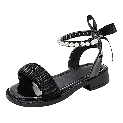 Girls Sandals Kids Pearls Princess Dress Shoes Open Toe Bowknot Ankle Strap Buckle Flats Slip On Walking Sandal - Main Image