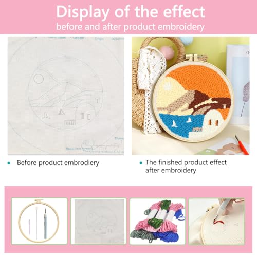 Image of Zhenqing Sunset Seascape Punch Needle Kit for Beginners - 29x29cm Embroidery with 20cm Hoop, Coarse Cotton Thread & Tools, Coastal Landscape Design(Z95113C)