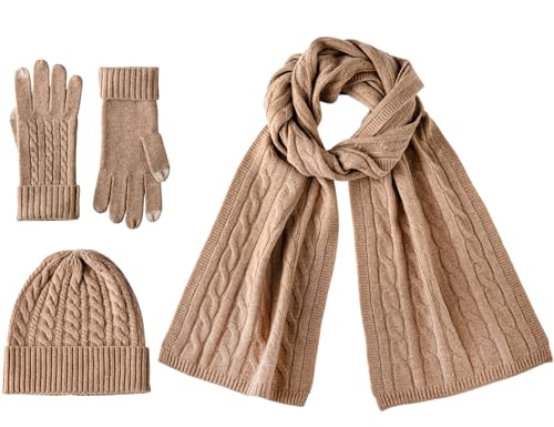 3 Pieces Luxury Women's 100% Cashmere Scarf Hat Gloves Set for Women Cable Stitch