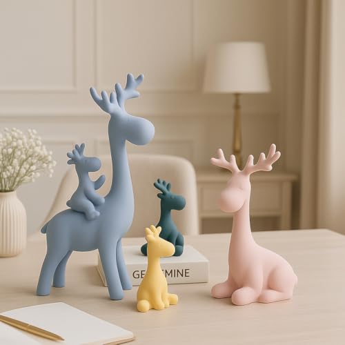Image of Xtore Reindeer Family Modern Aesthetic Figurine for Home Decor | Satin Ceramic Build | Best Gift - (Pack of 4 Pieces, Multicolor)