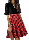 Mokayee Womens Christmas Dresses Buffalo Plaid Holiday Puff Sleeve Semi-Formal Knee Length Church Flattering Business Party Dresses with Pockets L