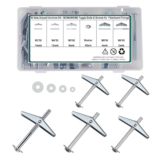 Plasterboard Fixings - 40 Sets (120 Pcs) Wall Fixings & Drywall Screws M3/M4/M5/M6 Assorted for Secure Fixings to Plasterboard Cavity & Fibreboard Walls (50/60/80mm)