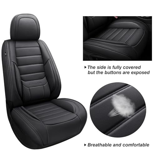 Image of MINGBRON Black Car Seat Cover with Lumbar Support, Car Seat Protector Waterproof, Nappa Leather Car Seat Cushion, Car Seat Covers Front Seats and Back Fit for Most Cars