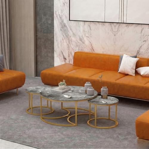 Image of Round Coffee Table Set of 3, Marble Laminated Accent Center Table with Sturdy Metal Base | Modern Foldable Nesting Stacking Tables for Living Room, Bedroom, or Apartments (Golden-Grey)