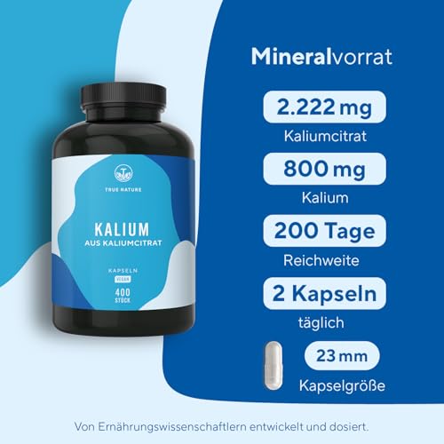 Kalium Potassium – 2.222mg pro Tag – 400 Kapseln – Kaliumcitrat mit 800mg elementarem Kalium – 6 Monate Vorrat – Hergestellt & laborgeprüft in DE – Vegan, ohne Zusätzen – TRUE NATURE