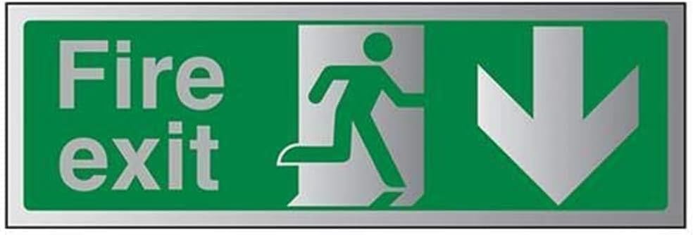 Fire Exit-Fire Exit Arrow Down Sign - 450mm x 150mm - 3mm Brushed Alu Comp
