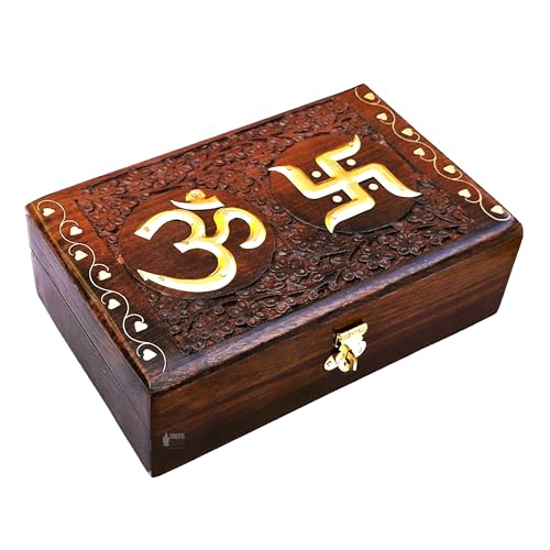 Image of Wooden OM Box for Good Luck| Jewellery Box| Decorative Case| Kit| Vanity| Organiser For Women, Necklaces, cash, gold (8X5 Inches, Galaxy)
