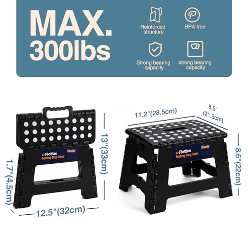 Image of Flottian 9 inch Folding Step Stool for Adults and Kids Holds Up to 300 lbs,Non-Slip Folding Stools with Portable Handle, Compact Plastic Foldable Step Stool for Bathroom,Bedroom, Kitchen Black