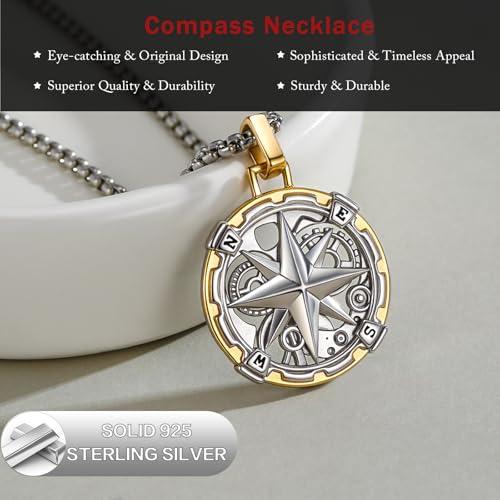 925 Sterling Silver Compass Necklace with Stainless Steel Rolo Chain 22"+2"2