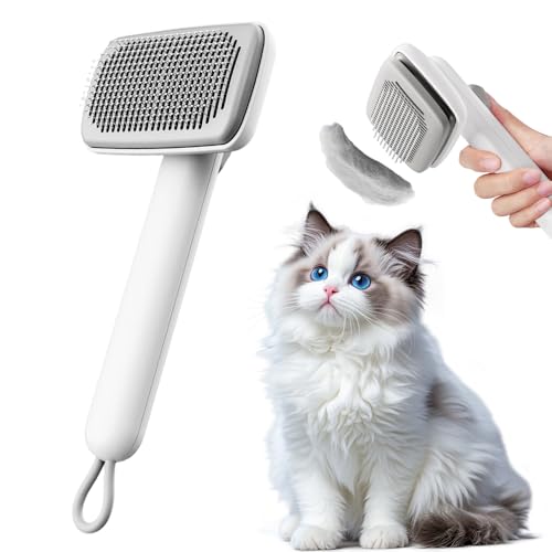 Spazzola per Gatti, Spazzola per Cani, Pelo Lungo e Corto, Riduce l'Elettricità Statica, Rimozione Dei Peli con Un Clic, per Pelo Sciolto e Massaggio, Ideale per Cani e Gatti, Bianco