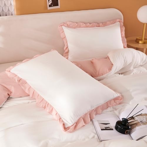 Freyamy Mädchen Bettwäsche 220x240 Weiß Rosa Uni Rüschen Bettwäsche Set – Ansicht 5