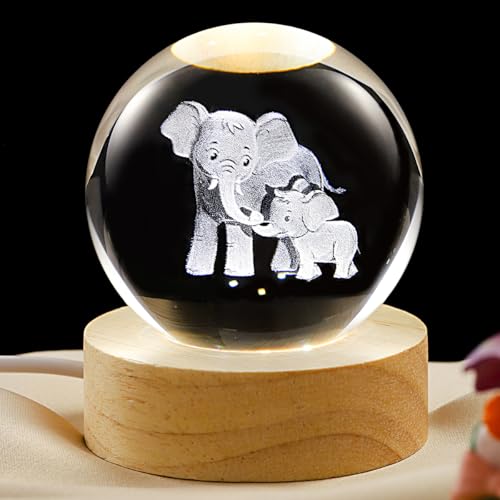 Image of 3D Elephant Crystal Ball Lamp with Dimmable LED and Wooden Base, Night Light for Kids Teens Adults, Home Desk Office Bedroom Decor, Birthday Gift (2.4 inch / 6cm)