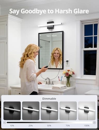 Image of Combuh Black Plug in Vanity Light Bar Corded for Bathroom Lighting Fixture No Wiring, 16Inch 5 Colors Adjustable Dimmable Modern Bright Daylight Mirror Lamp for Wall Dressing Room Makeup (with Plug)