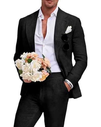 Image of Men's Linen Suit 2 Piece Slim Fit Summer Beach Wedding Prom Party | Breathable,Linen Blazer Suit Set,for Beach Weddings,Groom Wear,Prom and Outdoor Parties,Business Casual,Vacation Daily Wear