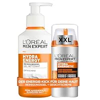 L'Oréal Men Expert Hydra Energy Anti-Müdigkeit Set: XXL Feuchtigkeitscreme (100ml) & Waschgel (260ml) für Männer, Gesichtspflege-Duo mit Vitamin C & Ceramiden gegen müde Haut
