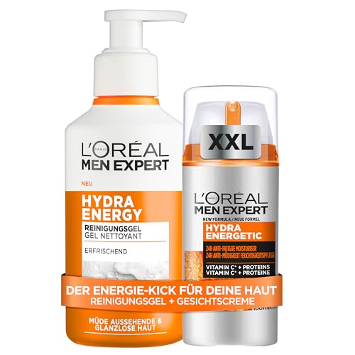 L'Oréal Men Expert Hydra Energy Anti-Müdigkeit Set: XXL Feuchtigkeitscreme (100ml) & Waschgel (260ml) für Männer, Gesichtspflege-Duo mit Vitamin C & Ceramiden gegen müde Haut
