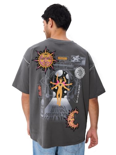 Image of The Souled Store Originals : Kalyuga Oversized T-Shirt for Men Boys Cotton Casual Half Sleeves Baggy Loose Fit Drop Shoulder Round Neck Grey