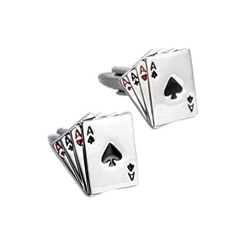 UM Jewellery 2pcs Rhodium Plated Mens Poker Playing Cards Shirts Cufflinks Wedding Buesiness Silver Black Red Cover