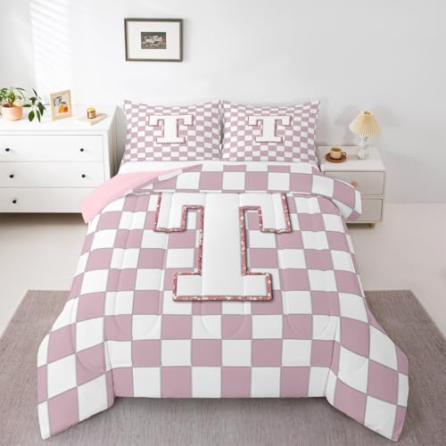 Image of Erosebridal Pink Initial T Comforter Set King Kawaii Plaid Checkered Bedding Set Cute Personalized Monogram Comforter for Kids Girls Teen Women,Fashion Grids Gingham Quilt Duvet