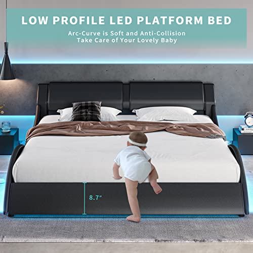 Dictac Queen Led Bed Frame Modern Faux Leather Upholstered Platform Bed Frame Queen Size With Rgb Led Lights And Headboard Wave Like Curve Low Profile Bed Frame,Wood Slats Support,Easy Assembly,Black #TOP2