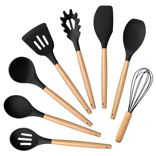 Onader Black Kitchen Utensils Set, 8Pcs Silicone Cooking Utensil Set with Wooden Handle, Heat Proof Kitchen Tools Spatula Safe for Non-Stick Cookware, Sturdy, Healthy & Easy Clean Onader Black Kitchen Utensils Set, 8Pcs Silicone Cooking Utensil Set with Wooden Handle, Heat Proof Kitchen Tools Spatula Safe for Non-Stick Cookware, Sturdy, Healthy & Easy Clean