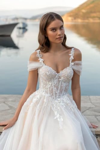 Lace Applique Boho Wedding Dresses for Bride 2025 A Line Long Tulle Beach Bridal Dress Wedding Gown for Women2