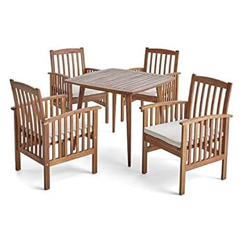 Alternative view of Great Deal Furniture Alma Acacia Patio Dining Set, 4-Seater, 36" Square Table with Straight Legs, Teak Finish, Cream Outdoor Cushions