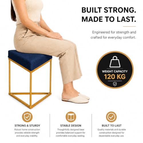 Image of Modern Velvet Triangular Vanity Stool with Gold Metal Frame | Upholstered Makeup Chair for Dressing Table | Accent Seating for Bedroom, Living Room & Home Decor-Navy Blue