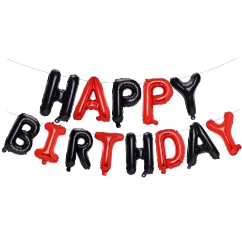 Ponmoo Foil Balloons Happy Birthday Banner Kit - Black Red, Happy Birthday Letters Balloons for Party Decorations, Happy Birthday Written Balloon for Adults and Children