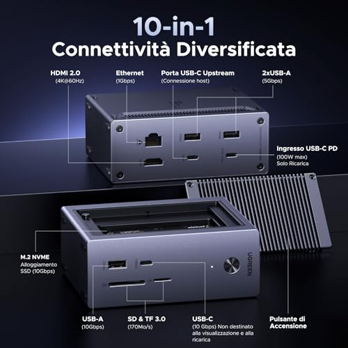 Revodok Pro Docking Station 10 In 1 SSD M.2 NVME Hub USB C HDMI 4K 60Hz Multiport USB Data 10Gbps PD 100W Caricatore Adattatore Ethernet Gigabit Lettore Scheda SD TF - Hub USB - Immagine 1