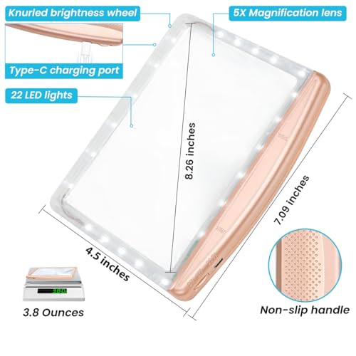 Image of Rechargeable 5X Magnifying Glass for Reading, Large Bright Full Page Magnifier with Light, Handheld LED Dimmable Lighted, Lightweight Book Magnifier for Reading Prints Seniors - Rose Gold