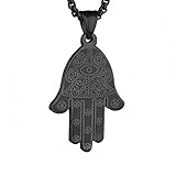 HZMAN Stainless Steel Egyptian Eye Fatima Hamsa Hand Pendant Necklace Success and Protection Lucky (Black)