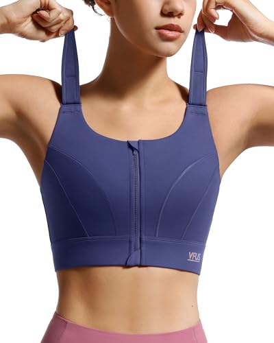VFUS Adjustable High Impact Sports Bras for Women Zip Front Full Coverage and Lift Padded Compression Tops (Medium, Navy)