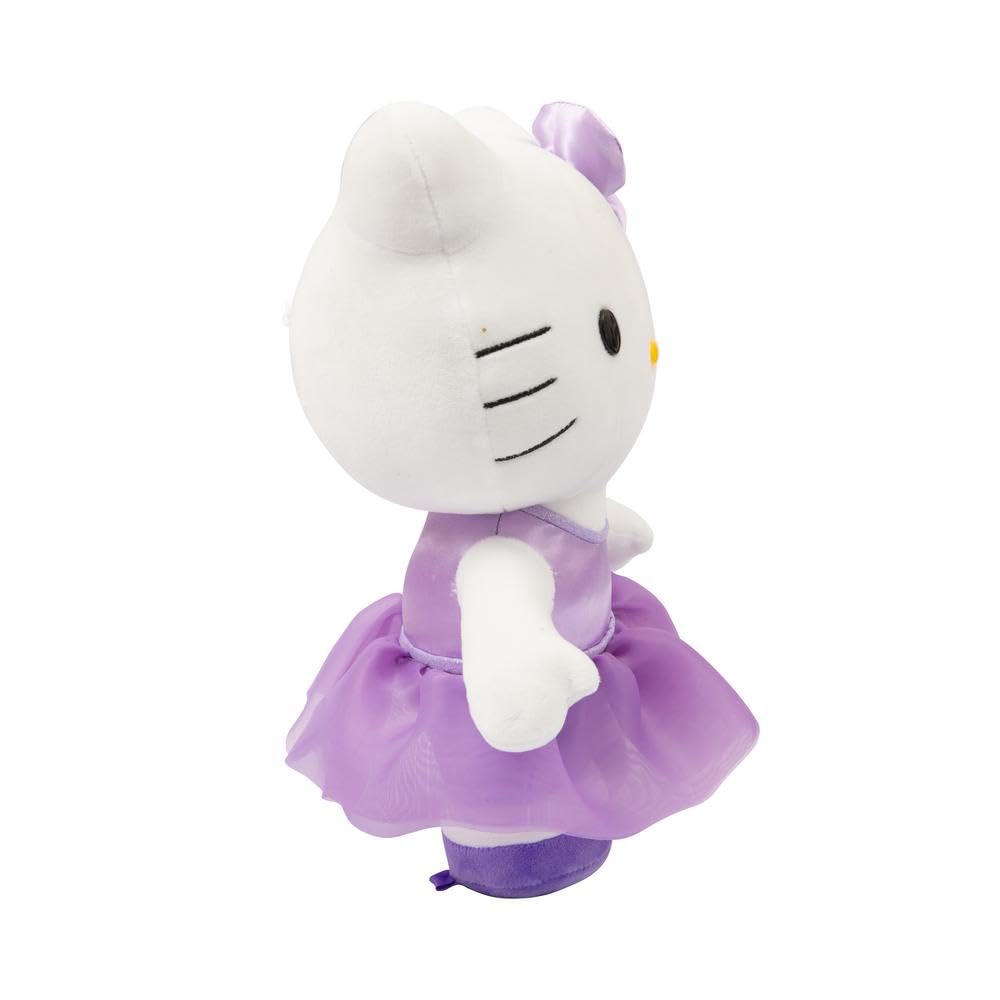 Hello Kitty Giochi Preziosi miękka pluszowa zabawka o wysokości 30 cm z modnym strojem, fioletowa satynowa sukienka i pasująca kokardka, dla dzieci od 3 lat