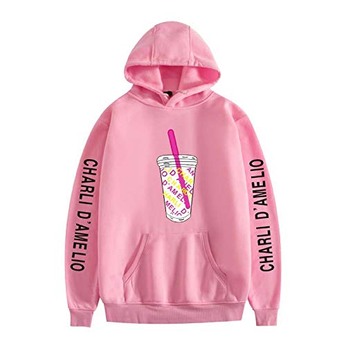 Yumenam Unisex The Hype House Impreso Sudaderas con Capucha de Manga Larga Casual Jersey Sweatshirt Charli D'Amelio Sudadera de Deporte de Papel, Rosa, XXL