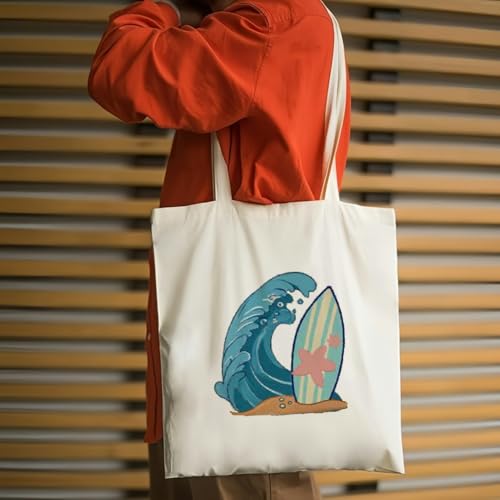 Summer Canvas Tote Bag, Wave Pattern Reusable Shoulder Tote Bag for Women and Men, Large Durable Canvas Shoulder Bag Perfect for Grocery Work Beach Shopping4