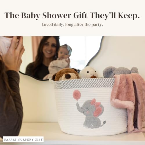 Image of Elephant Baby Storage Basket for Girls, Cotton Rope Nursery Bin, 15x11 in | Stuffed Animal and Blanket Storage, Soft Felt Elephant Patch, Pink Baby Room Decor, Shower Gift, Kids Playroom Organizer