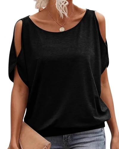 PICKLION Camiseta casual de manga corta con cuello en V y hombros descubiertos para mujer, Negro, M