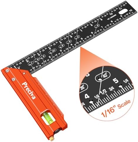 Preciva 12” Carpenter Square Ruler - Aluminum Alloy Framing Square, Right Angle Ruler Metal Square with Edge Support, Multiple Angle Markings and Level Bubble