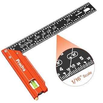 Preciva 12” Carpenter Square Ruler - Aluminum Alloy Framing Square, Right Angle Ruler Metal Square with Edge Support, Multiple Angle Markings and Level Bubble