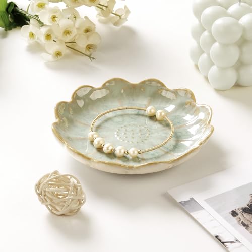 Image of Lotus Ring Holder Dish Small Indoor Ash Tray, Ceramic Dessert Plate Trinket Jewelry Holder Organizing Necklace Earrings for Parents Friends Sister, Light Green. All Jewelries Are NOT Included.