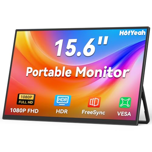 HotYeah Monitor portátil, pantalla para portátil de 15.6 pulgadas, 1080P FHD USB-C HDMI, pantalla externa HDR FreeSync IPS con soporte y altavoz, segunda pantalla para laptop, PC, Mac, teléfono