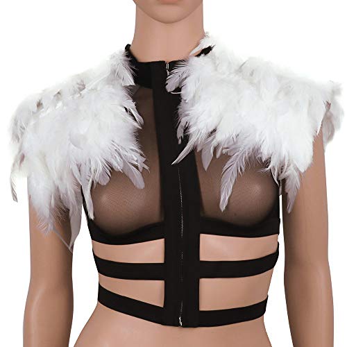 L'vow Real Natural Feather Epaulet Shrug Shawl Scapular Shoulder Wrap Halloween (Y- White) #TOP4