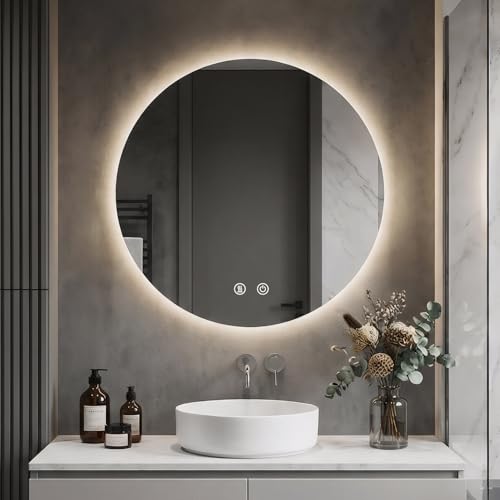 Hyaapwod Runder Spiegel mit Beleuchtung LED Spiegel Rund 60 cm Badspiegel mit Beleuchtung Rund mit 3 Lichtfarben Dimmbar Touch-Schalter Beschlagfrei Speicherfunktion 60 x 60 cm
