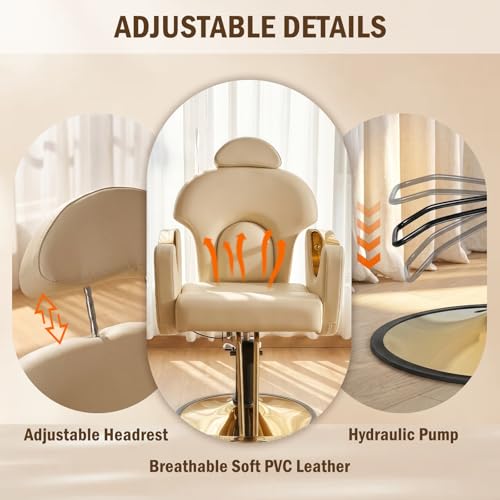 Tythical Salon Barber Chair for Hair Stylist, Reclining Salon Chairs with Heavy Duty Hydraulic Pump Multi-Function Shampoo Tattoo Beauty Salon Hairdresser Armchair for Home Beauty Barbershop, Beige
